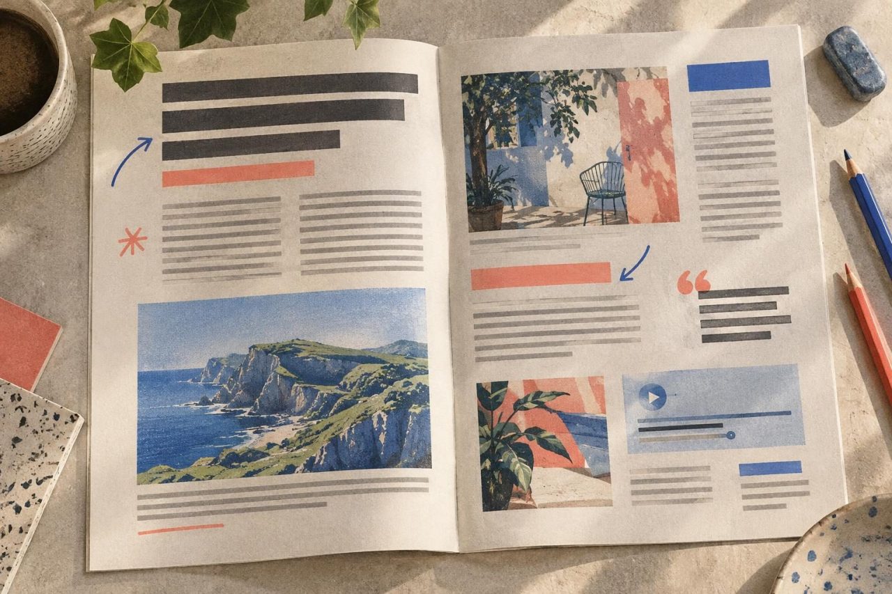 Editorial checklist with notes on headings, links, images, and captions in a sponsored article