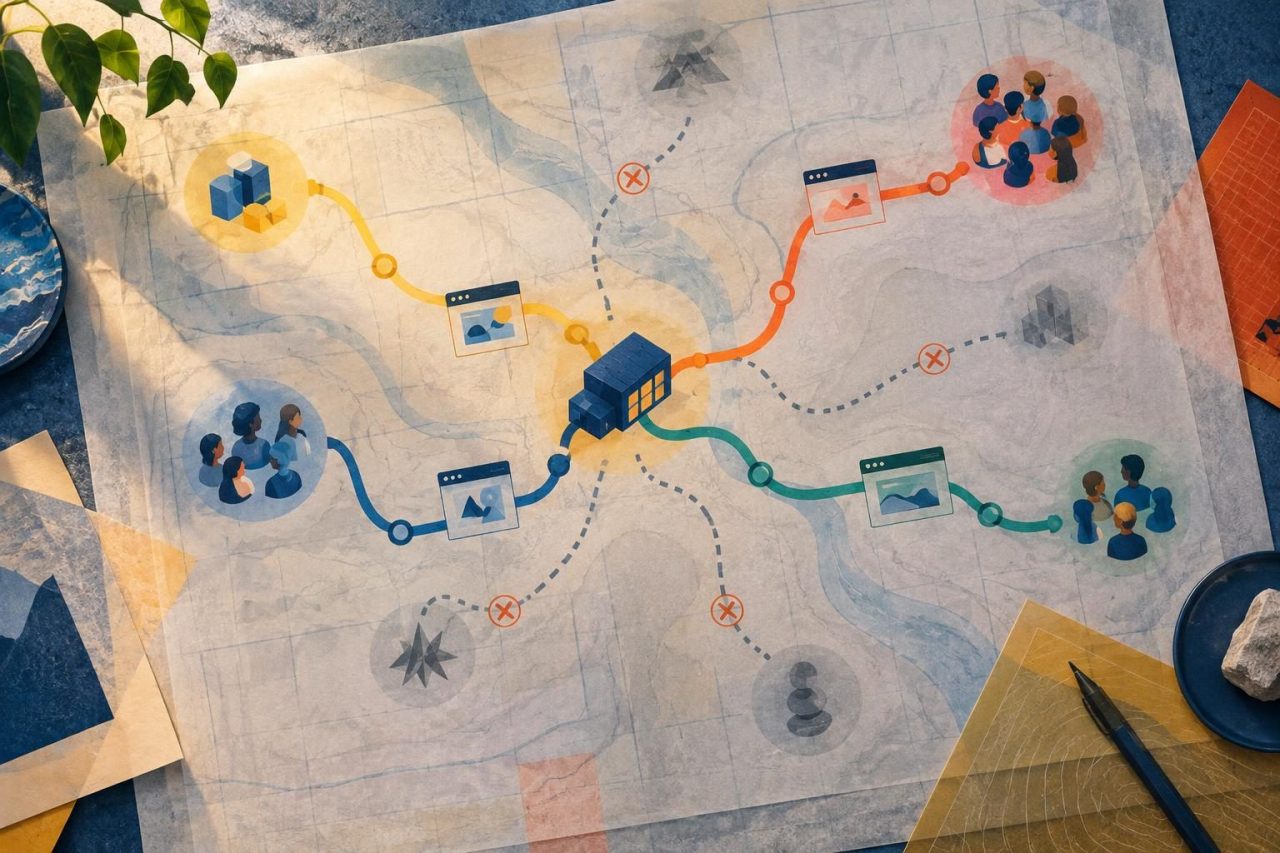 Mapa editorial que relaciona diferentes marcas, públicos e páginas de destino