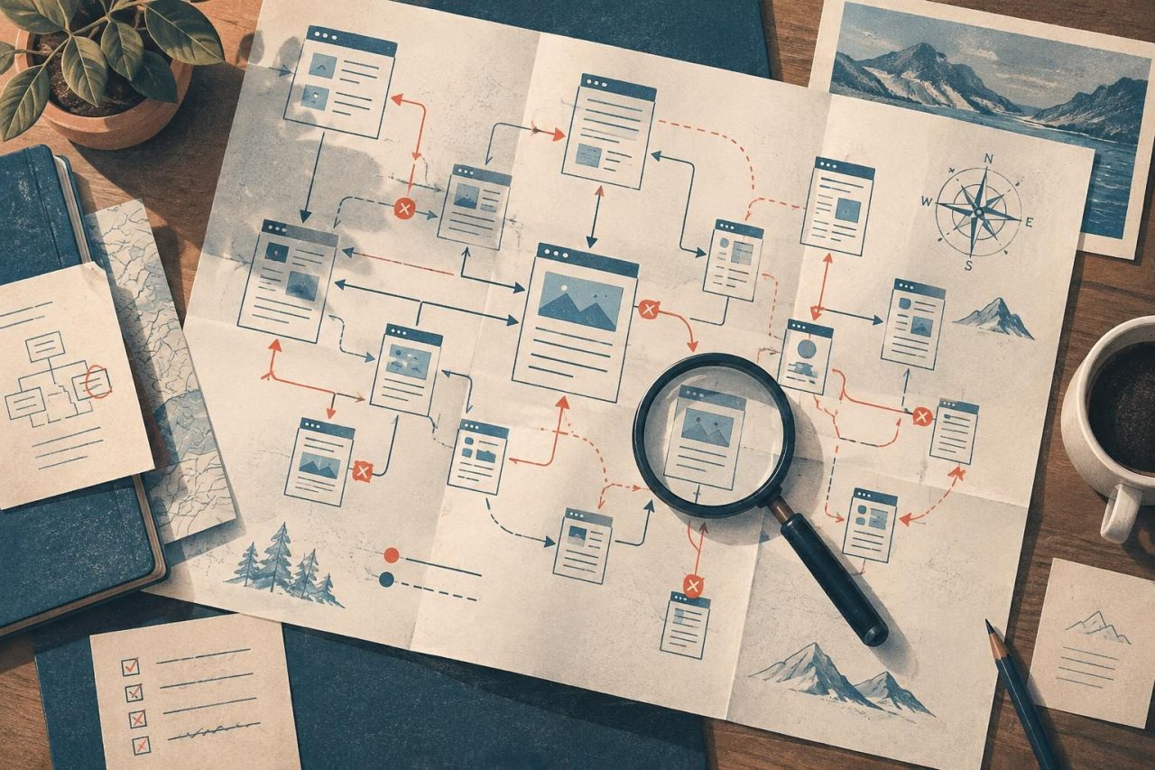 Cuaderno de revisión junto a una impresión de páginas web con anotaciones y rutas de navegación resaltadas