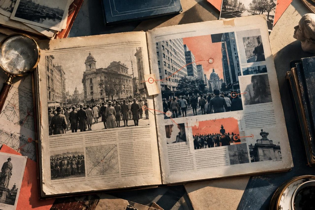 Illustration éditoriale d’un journal ouvert, avec des pages de différentes époques et des annotations évoquant la réévaluation d’un média après un changement de propriétaire