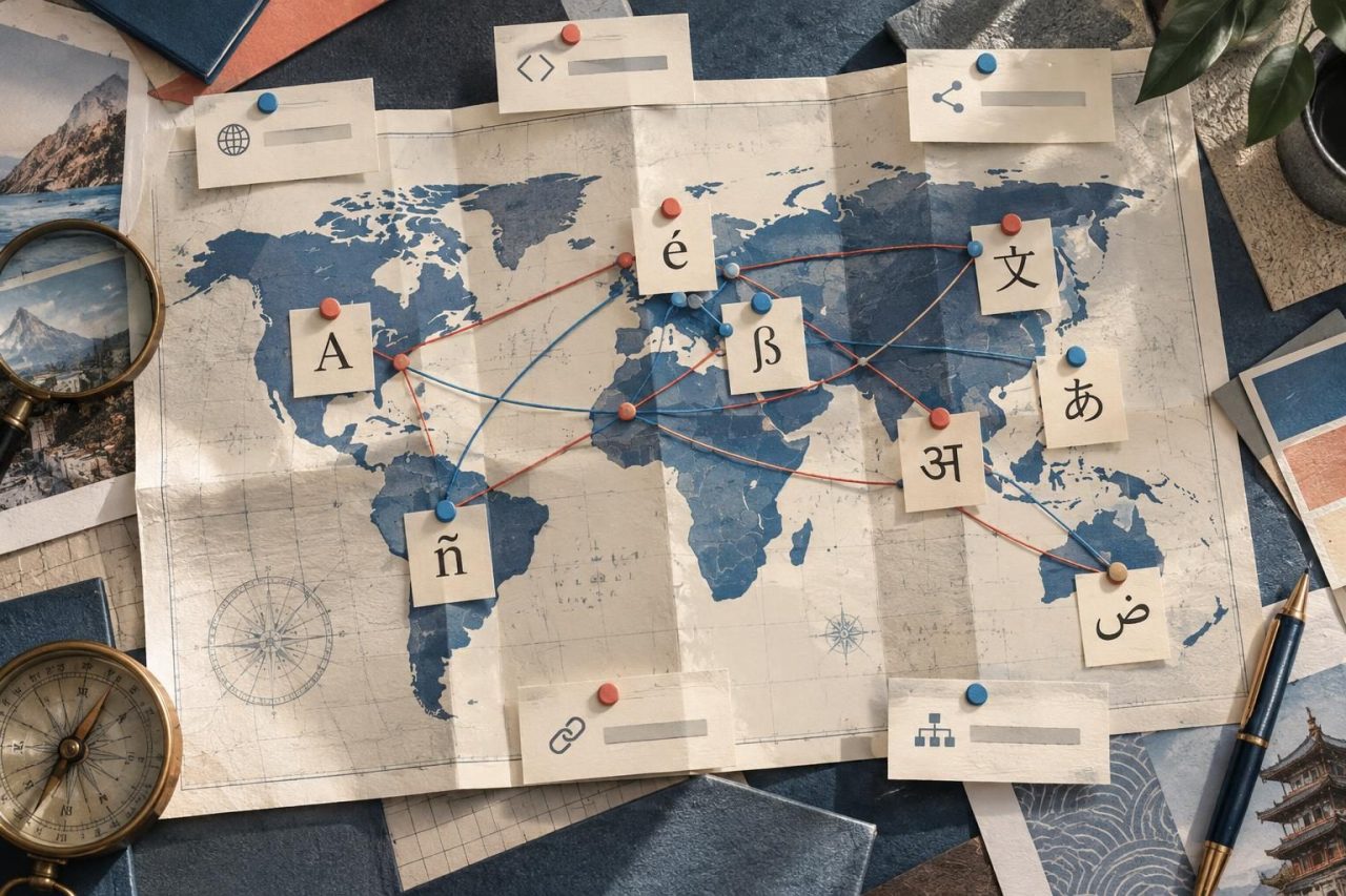 Carte éditoriale présentant différentes versions linguistiques d’une publication reliées par des chemins et des balises techniques