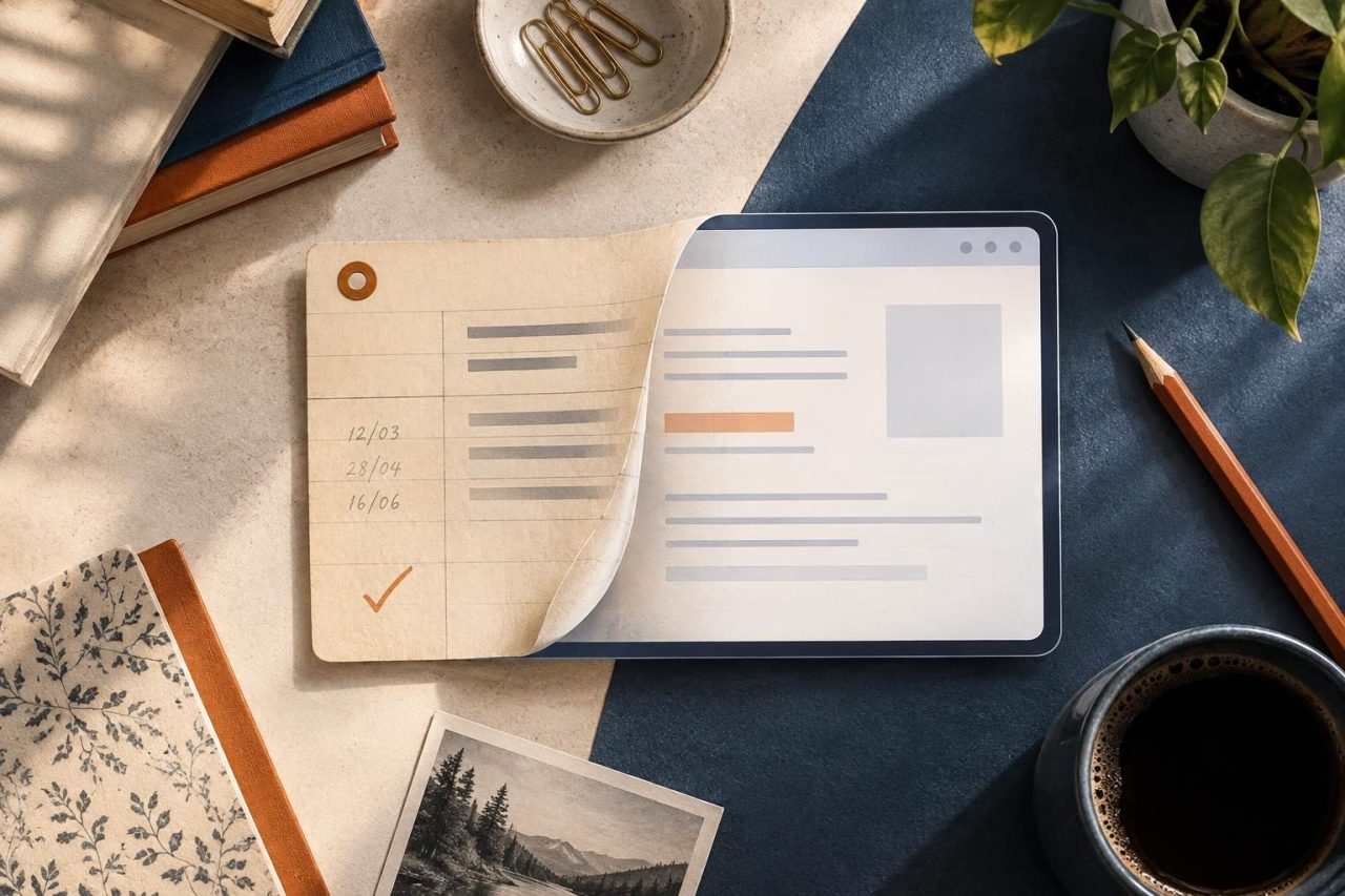 Editorial review notebook with a bibliographic reference and a web page represented as layers of paper