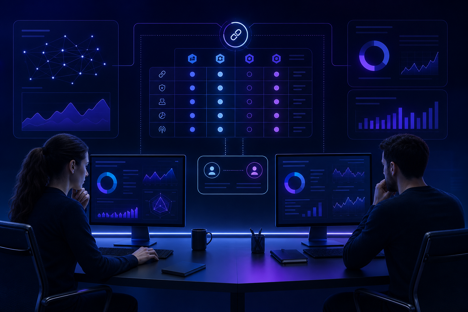 Dos analistas comparan una matriz de evaluación de oportunidades de linkbuilding