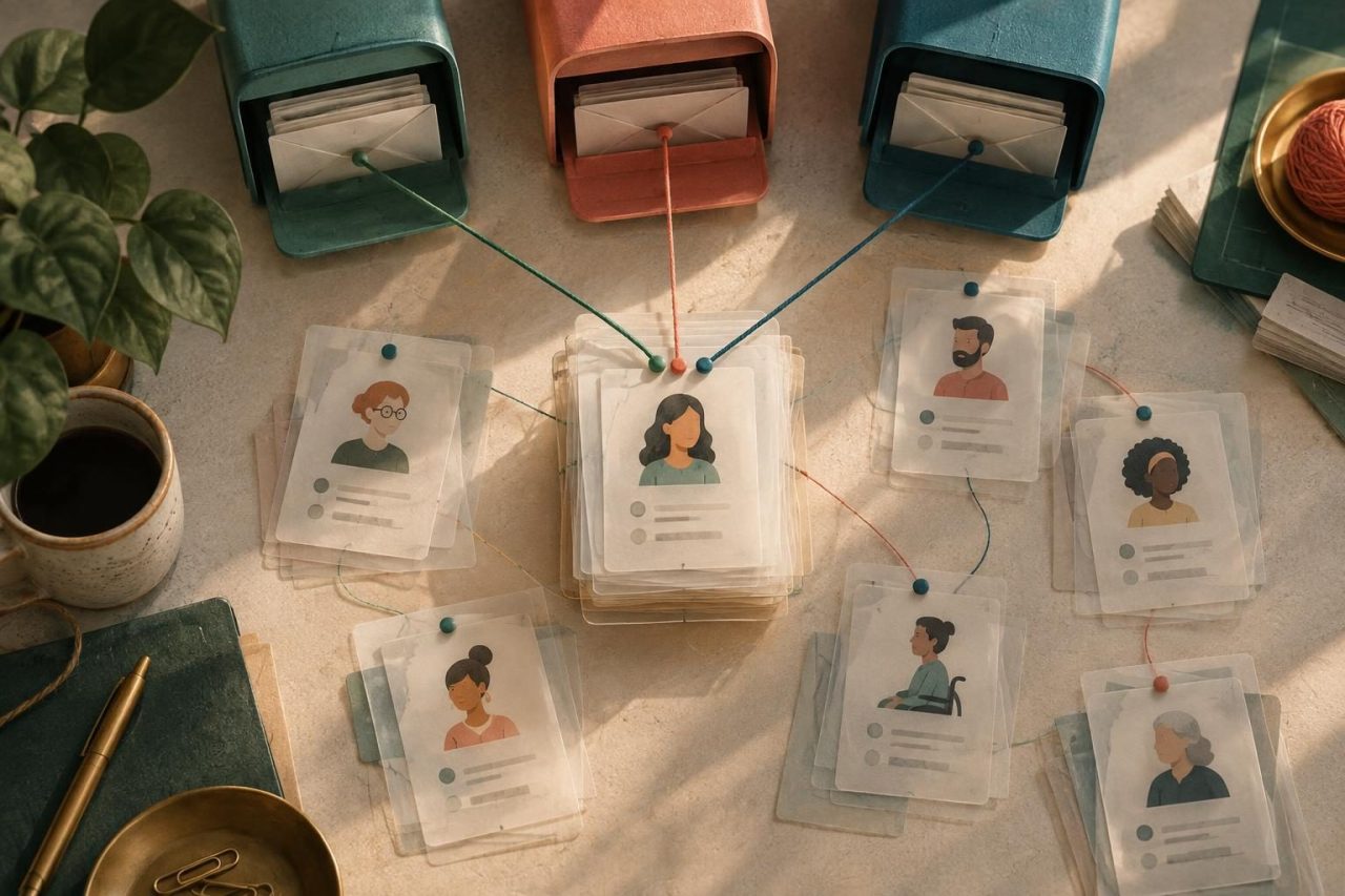 A visual system of connected cards distinguishing contacts, publications, and outreach history