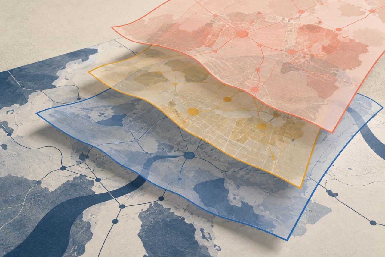 Layers of maps separated by colored boundaries representing the confidentiality of link building research for different clients