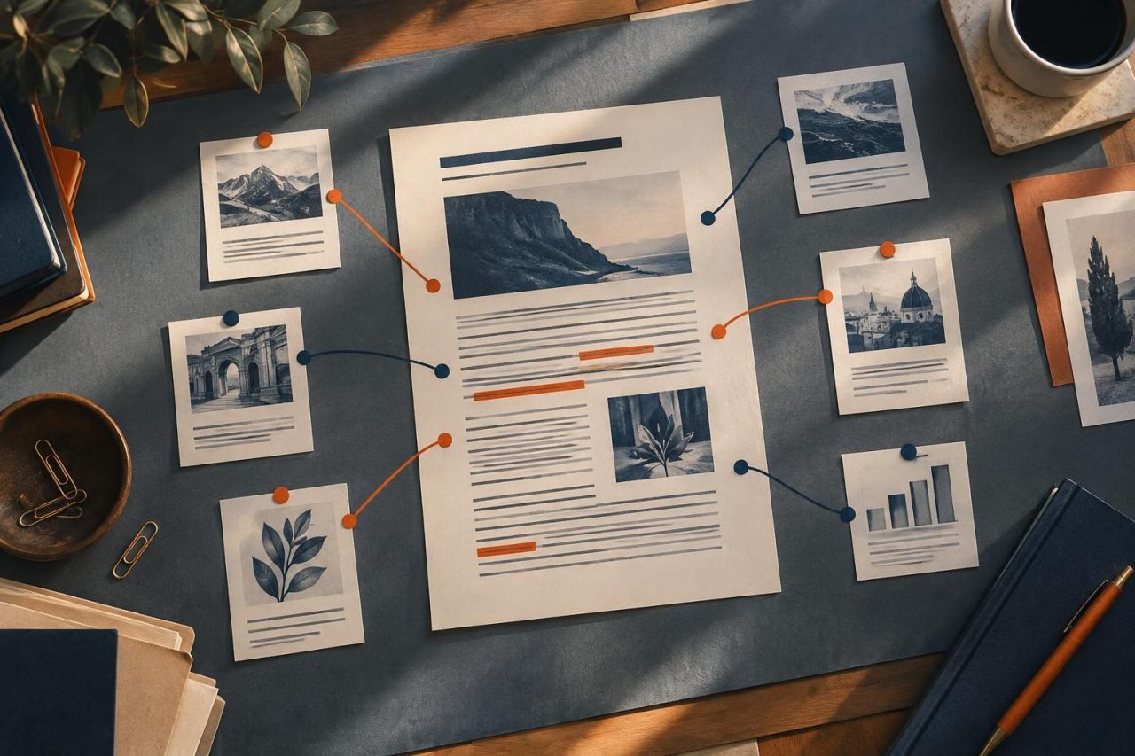 Editorial map of links in a sponsored article, with destinations classified and review points marked