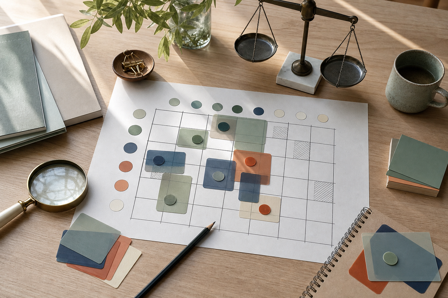 Matriz física de decisión con tarjetas de colores, documentos y una balanza que representa coste y carga operativa