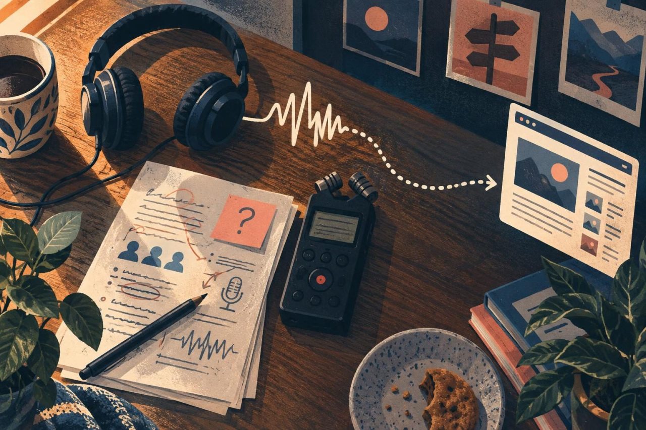 Guion de una entrevista junto a unos auriculares y una grabadora, con notas sobre audiencia, tema y publicación