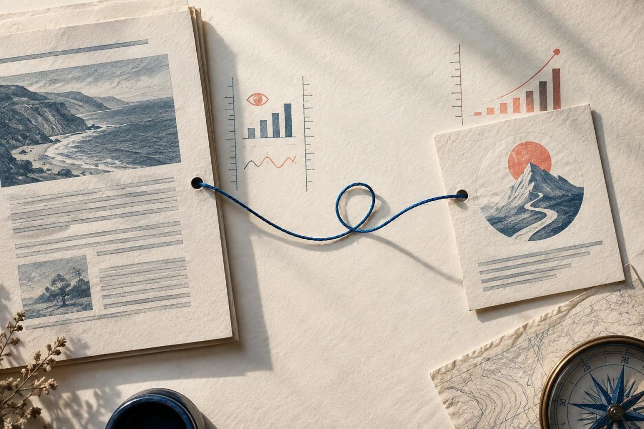 Visual diagram of a visit traveling from a publication to a landing page and being measured in analytics