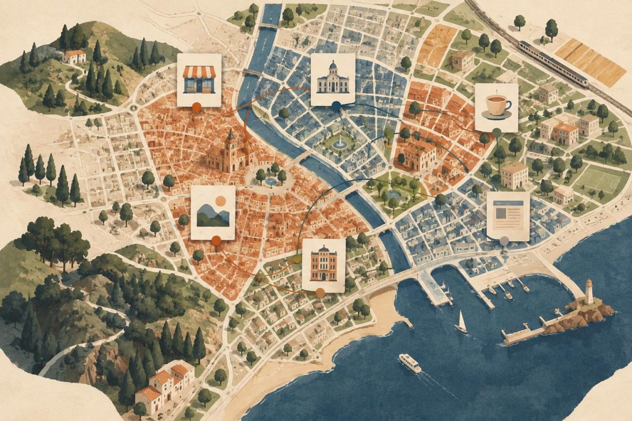 Mappa illustrata di diverse aree collegate a pagine web e opportunità editoriali locali