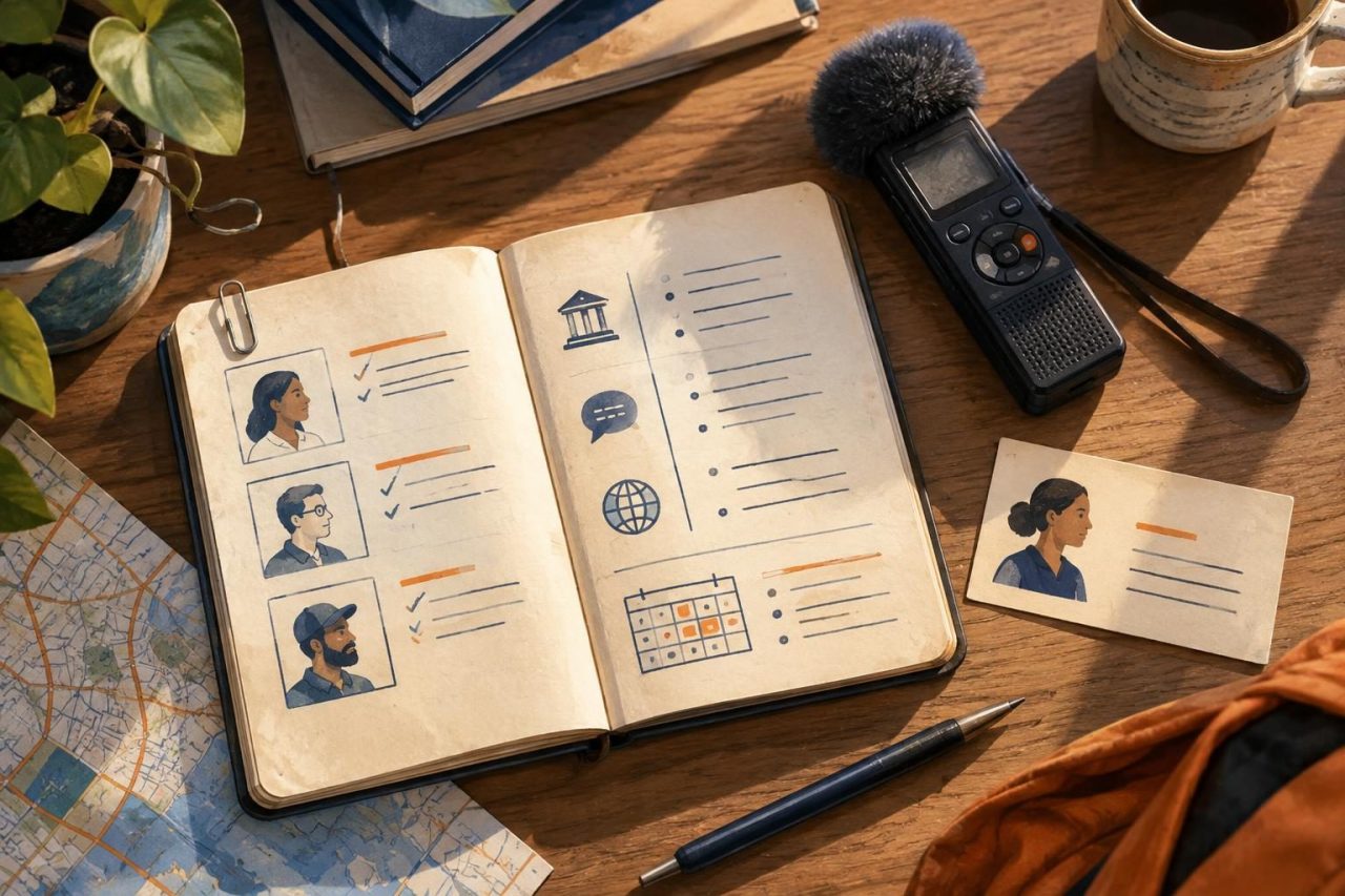 Spokesperson preparation notebook beside a recorder, with notes on credentials, key messages, and availability