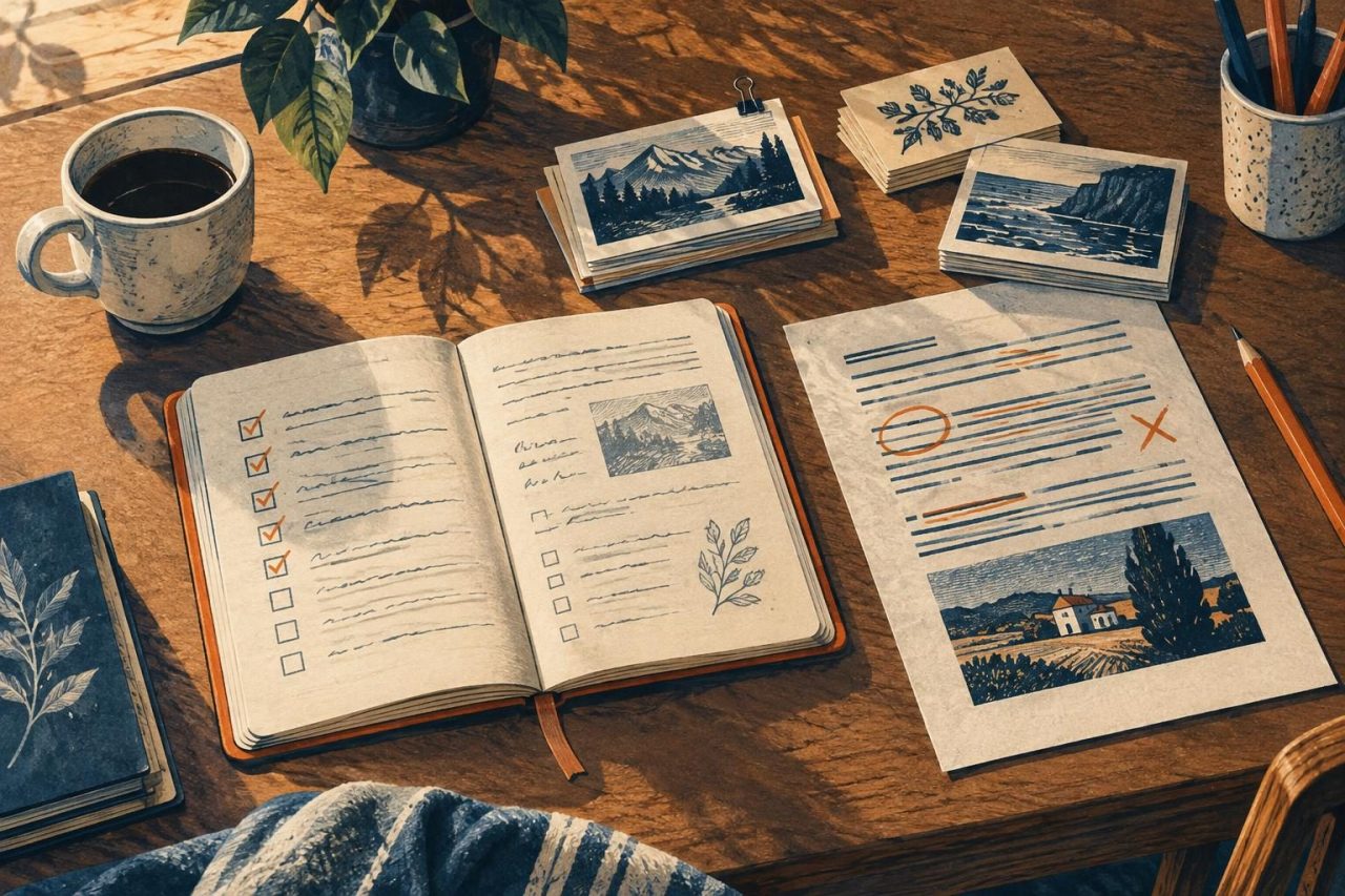 Quaderno di revisione editoriale con annotazioni, fonti e correzioni su un tavolo da lavoro
