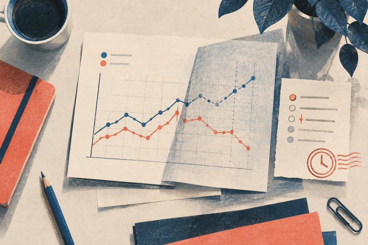 Caderno de auditoria com versões de um gráfico de dados e anotações sobre alterações